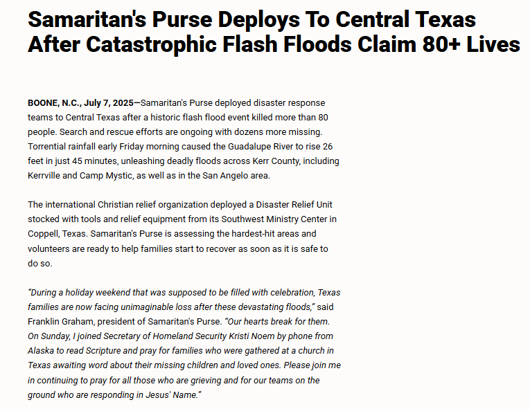 A news article reports Samaritan’s Purse sending disaster response teams to Central Texas after fatal flash floods, with quotes from officials and details on relief efforts.