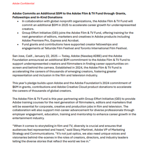 Screenshot of an Adobe press release announcing a M commitment in 2025 to support diverse creators in film and TV through grants, fellowships, and donations.