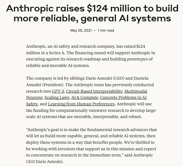Screenshot of a news article titled "Anthropic raises 4 million to build more reliable, general AI systems," discussing Anthropic's funding and research in AI safety and reliability.