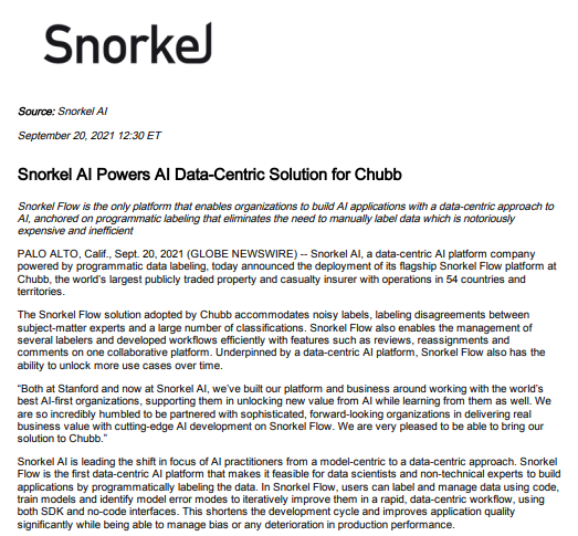 A press release announces that Chubb adopts Snorkel AI’s data-centric AI platform to automate data labeling and AI application building, aiming for efficiency and improved business operations.