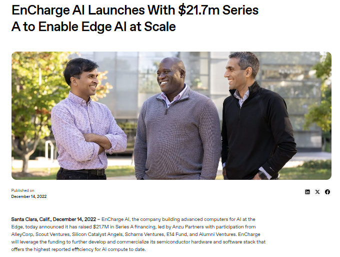 Three men stand together outdoors, smiling and conversing, in front of a blurred urban background. The image accompanies a New Business Launch press release announcing EnCharge AI's .7m Series A funding.
