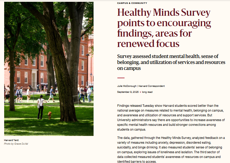 A person walks a dog on Harvard Yard as students and people walk nearby; accompanying article headline discusses a survey on student mental health and campus resources.