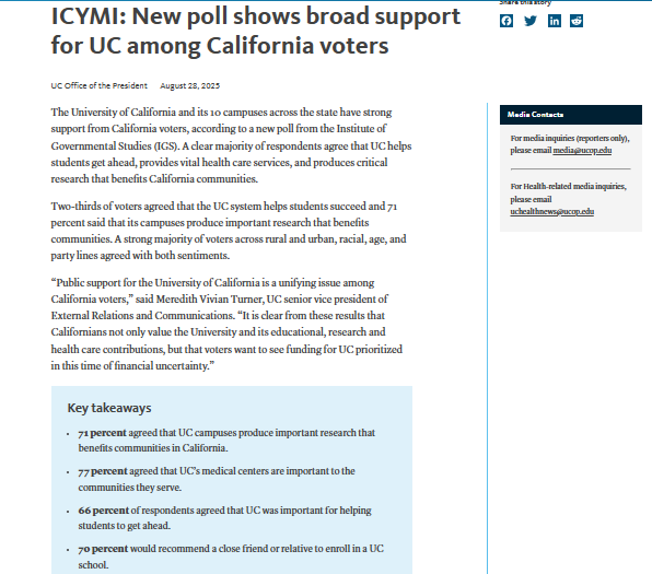 Screenshot of a news article reporting a poll showing public support for UC research, with summary points and a highlighted quote about the university’s benefits to California.