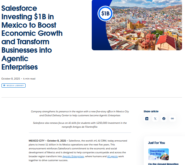 Screenshot of a Salesforce press release announcing a  billion investment in Mexico to support economic growth, AI skills training, and business transformation through Agentic Enterprises.