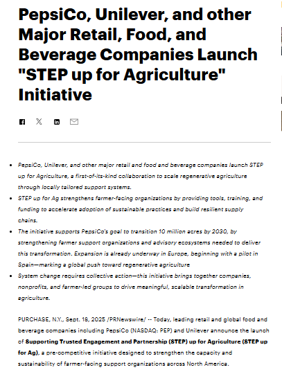 Screenshot of a press release announcing PepsiCo, Unilever, and other companies launching the "STEP up for Agriculture" initiative to scale regenerative agriculture.