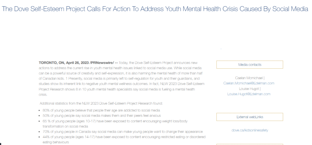 A press release titled "The Dove Self-Esteem Project Calls For Action To Address Youth Mental Health Crisis Caused By Social Media" with research statistics and contact information.