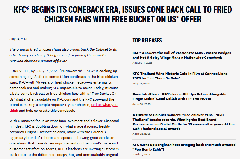 News article announcing KFC’s comeback with a free bucket offer. Headline, date, story text, and sidebar show related KFC news releases and announcements.