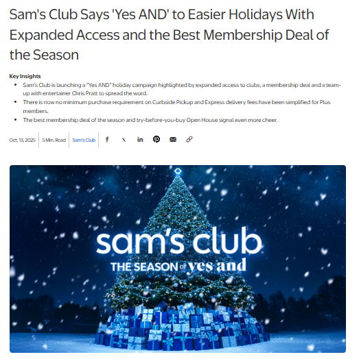 A Christmas tree decorated with blue lights stands in front of wrapped gifts, with the text "sam's club THE SEASON OF Yes AND" displayed above.