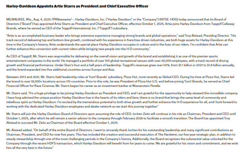 Screenshot of a press release announcing Arie Starrs as Harley-Davidson's new President and CEO, with details about his background and company statements.