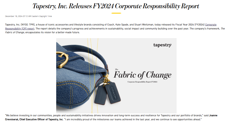 A close-up of a blue Coach handbag with gold hardware and brand tags, alongside text reading "The Fabric of Change, Corporate Responsibility Report FY2024.