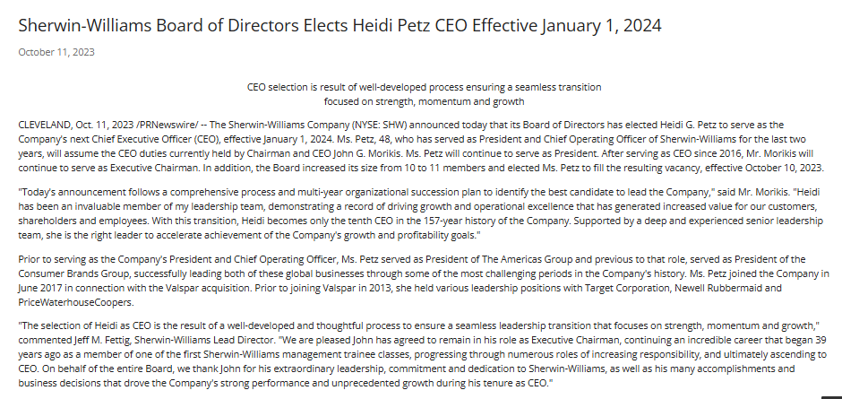 Screenshot of a press release announcing that Sherwin-Williams has elected Heidi Petz as CEO, effective January 1, 2024, with details on her background and leadership transition.
