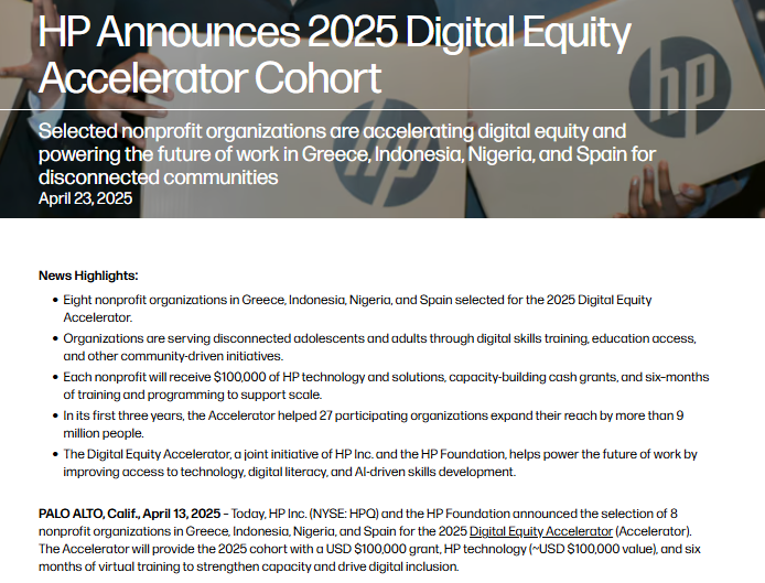 Screenshot of an HP announcement detailing the selection of eight nonprofits for the 2025 Digital Equity Accelerator, supporting digital equity in Greece, Indonesia, Nigeria, and Spain.
