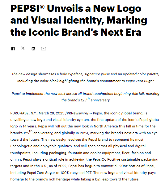 A news article announces Pepsi's new logo and visual identity, detailing updates and the brand’s plans for their 125th anniversary and future sustainability efforts.