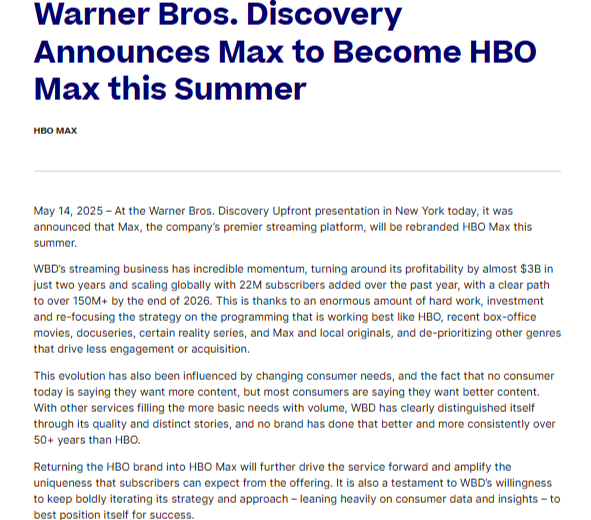 Screenshot of a news article announcing that Warner Bros. Discovery will rebrand HBO Max as Max in summer 2025, outlining reasons for the change and emphasizing improved content and user experience.