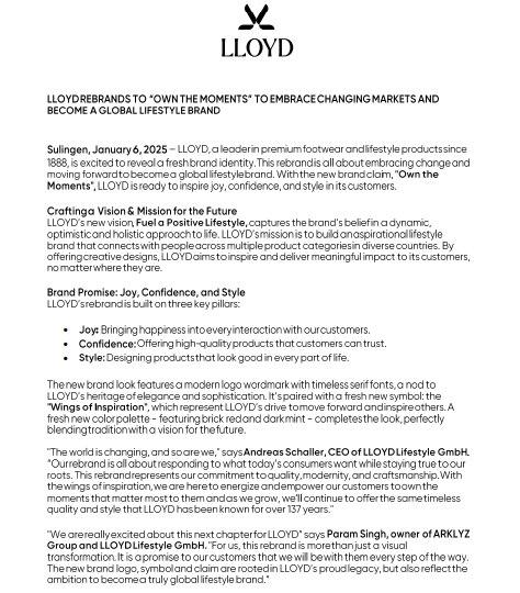 A press release from LLOYD announces its rebranding to a global lifestyle brand with the new slogan "Own the Moments," detailing its vision, mission, and brand pillars.