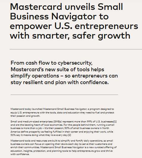 A Mastercard announcement highlights the launch of Small Business Navigator, a tool suite to help U.S. entrepreneurs enhance operations, cybersecurity, and business growth.