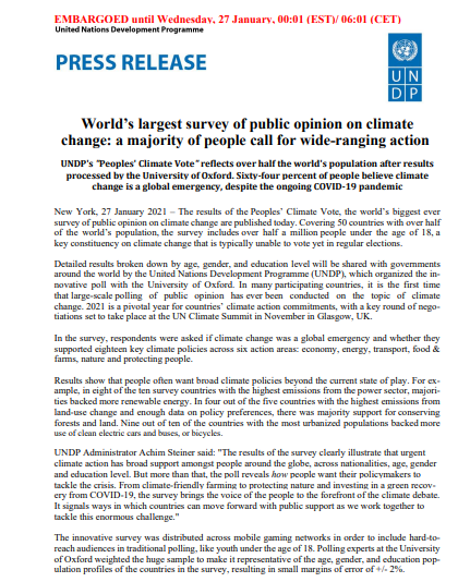 Press release announcing the results of the world’s largest climate change opinion survey, with over half of respondents calling for major action on climate, issued by the United Nations Development Programme.