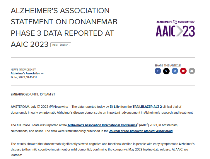 Screenshot of an Alzheimer's Association news release reporting Phase 3 clinical trial data on donanemab, presented at AAIC 2023, showing efficacy in early symptomatic Alzheimer's disease.