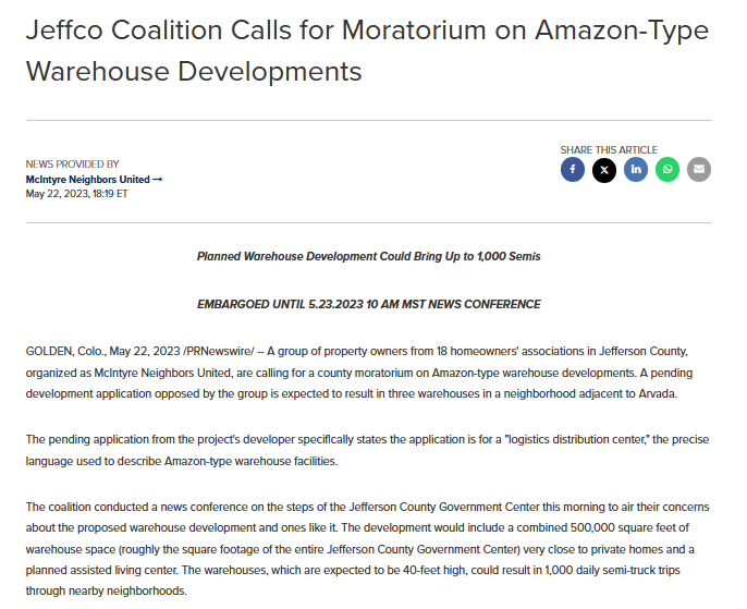 Screenshot of a news release announcing that Jeffco Coalition calls for a moratorium on Amazon-type warehouse developments in Jefferson County, Colorado.