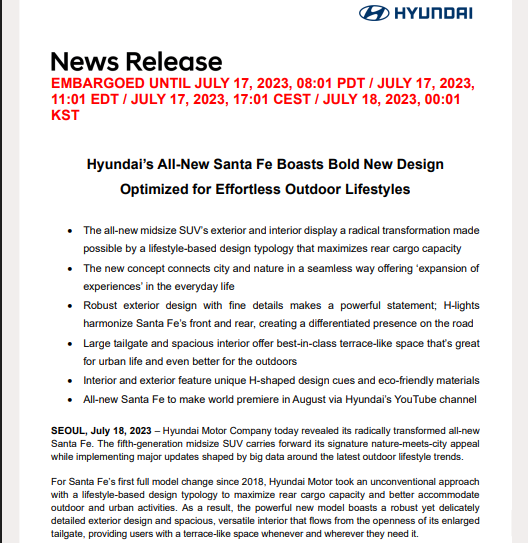A Hyundai news release announces the all-new Santa Fe SUV, highlighting its new design, increased cargo space, robust exterior, and features for outdoor lifestyles.