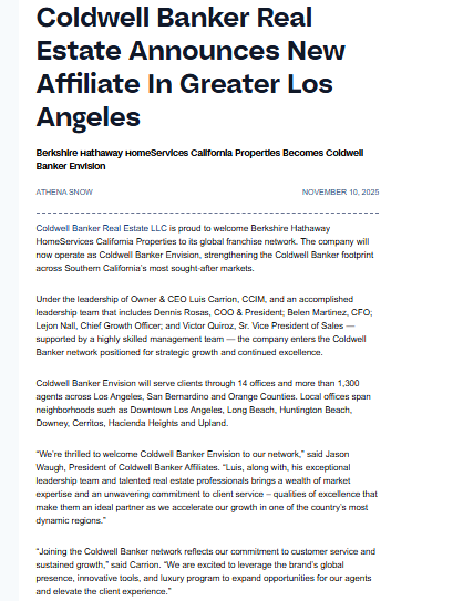 Screenshot of a press release announcing that Coldwell Banker Real Estate has welcomed Berkshire Hathaway HomeServices California Properties as a new affiliate in Greater Los Angeles.