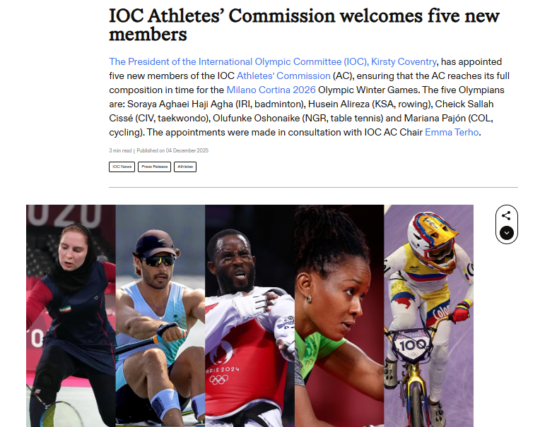 Five athletes from various sports and countries are pictured, representing the new members welcomed to the IOC Athletes’ Commission for the Milano Cortina 2026 Olympic Winter Games.
