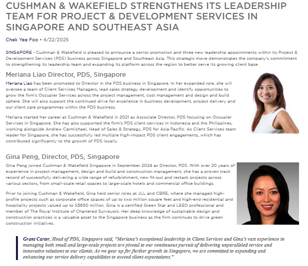 A corporate announcement featuring headshots of Meriana Lao and Gina Peng, newly appointed directors at Cushman & Wakefield in Singapore and Southeast Asia, with brief professional bios.