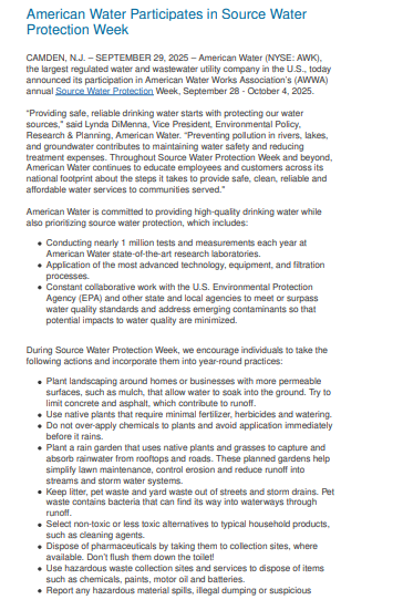 Screenshot of a news release announcing American Water’s participation in Source Water Protection Week, detailing steps for protecting water sources and promoting water quality initiatives.