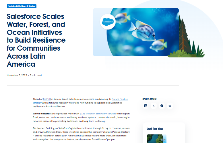 Screenshot of a Salesforce web article titled “Salesforce Scales Water, Forest, and Ocean Initiatives to Build Resilience for Communities Across Latin America” with an illustration of a fish and coral.