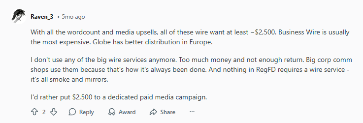 A social media comment discusses the high costs of wire services, their limited return, and a preference for allocating funds to paid media campaigns instead.