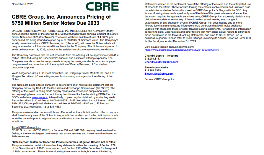 Screenshot of a press release from CBRE Group, Inc. announcing the pricing of $750 million senior notes due 2033, with company contact information and legal disclaimers.