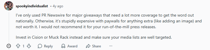 A forum comment advises using PR Newswire only for major giveaways needing national reach and suggests Cision or Muck Rack for regular press releases due to high costs and paywalls.
