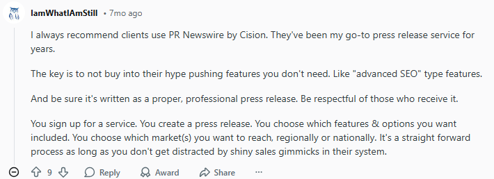 A forum post discusses recommending PR Newswire by Cision for press releases, emphasizing focusing on necessary features and avoiding sales gimmicks.
