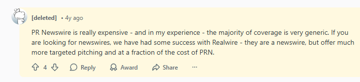 A deleted user comments that PR Newswire is expensive and generic, recommending Realwire as a more targeted and affordable alternative for newswire services.