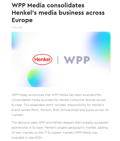 A press release announces WPP Media consolidating Henkel's media business across Europe, with logos of Henkel and WPP above the text.