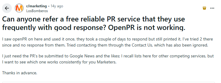 A LinkedIn post asks for recommendations for a free, reliable PR service, mentioning that OpenPR is unresponsive and previous contact attempts have been ignored.