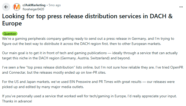 A Reddit post asks for recommendations on top press release distribution services in DACH and Europe, especially for tech/gaming companies, mentioning prior experience with several services.