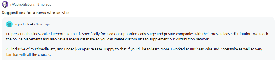 A user recommends Reportable for press release distribution, describing its services, pricing, and experience with similar companies in an online discussion about news wire services.