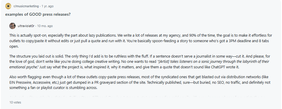 Screenshot of a Reddit discussion where two users talk about what makes a good press release, emphasizing clarity, usefulness, and reusability by journalists.