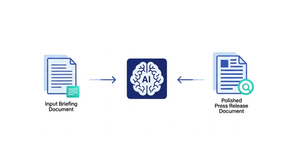 A diagram shows an input briefing document being processed by AI, resulting in a polished press release document. Arrows indicate the workflow direction.