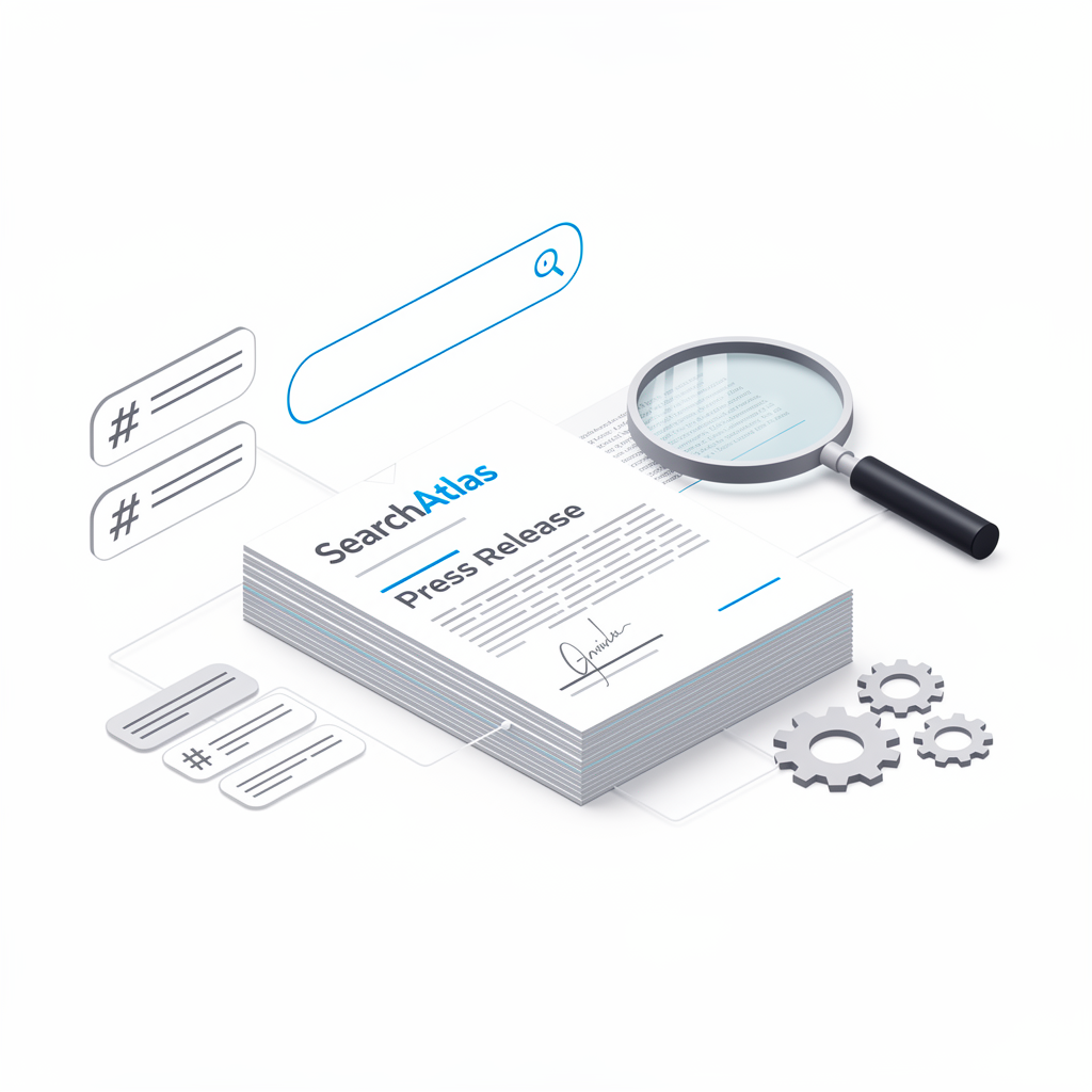 A stack of press releases labeled "SearchAtlas" sits beside a magnifying glass, search bar, hashtags, and gears, symbolizing research, search, and digital analysis.