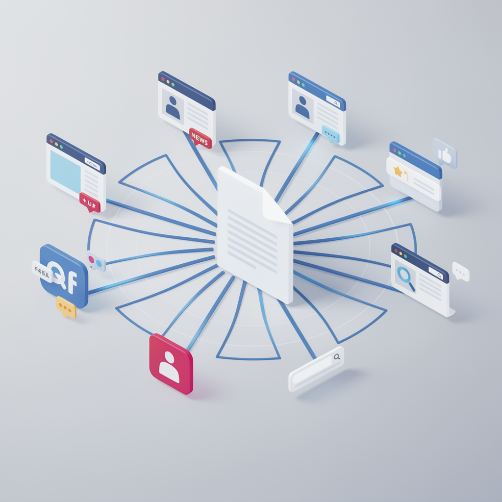 A central digital document is connected to various social media and web interface icons, representing online content sharing and information distribution.