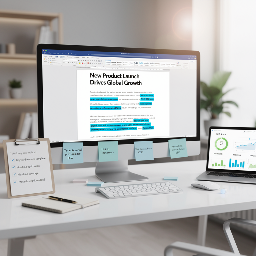 A modern office desk with a desktop computer displaying a marketing report, a laptop showing SEO analytics, and sticky notes and clipboard with digital marketing tasks.
