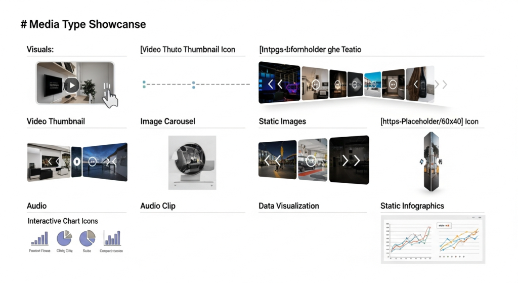 A digital slide displays various media types, including video thumbnails, image carousels, static images, icons, audio clips, data visualizations, and infographics.