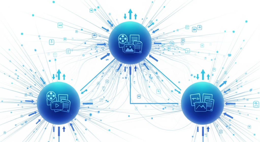 Three blue spheres with digital icons are interconnected by lines, representing networked data or information exchange, with various data symbols in the background.