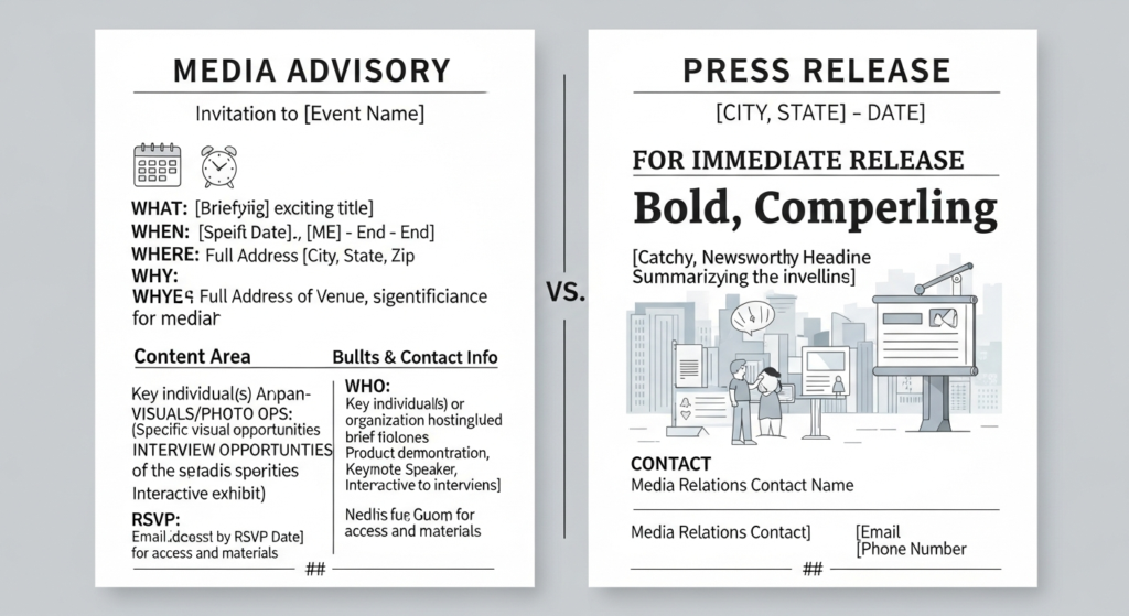 Side-by-side comparison of a media advisory and a press release, highlighting differences in content, purpose, structure, and example formatting.