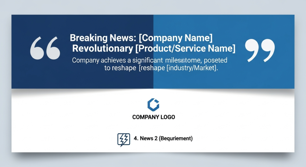 A news update banner with placeholder text for a company name, product, and industry, featuring a quote, company logo, and a news section labeled "News 2 (Bequirement).