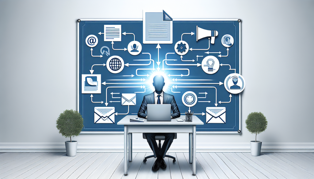 A person in a suit works at a desk with a laptop. Behind them, a board displays icons and arrows representing digital communication and workflow processes.
