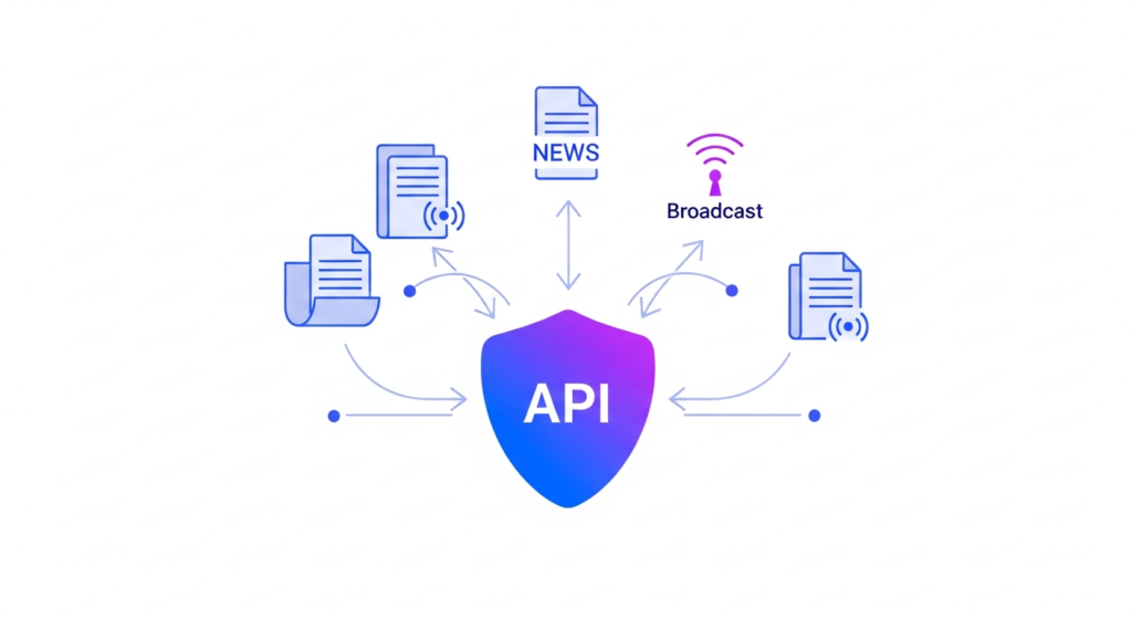 A shield labeled "API" at the center connects to documents, news, and broadcast icons with arrows, illustrating API data distribution.
