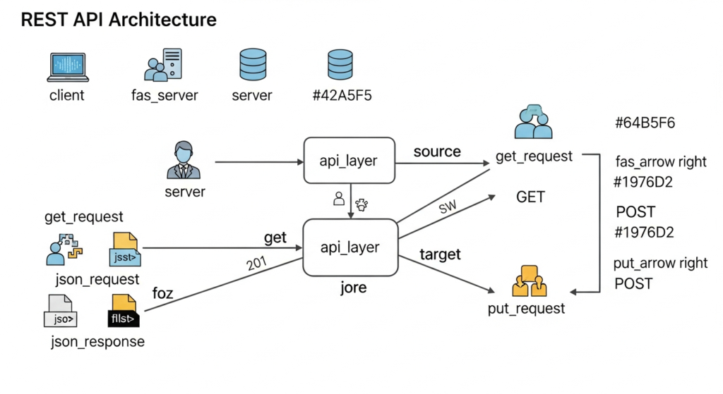 Diagram illustrating REST API architecture, showing interactions between clients, servers, API layers, and request/response flows with labeled arrows and icons for users, databases, and files.